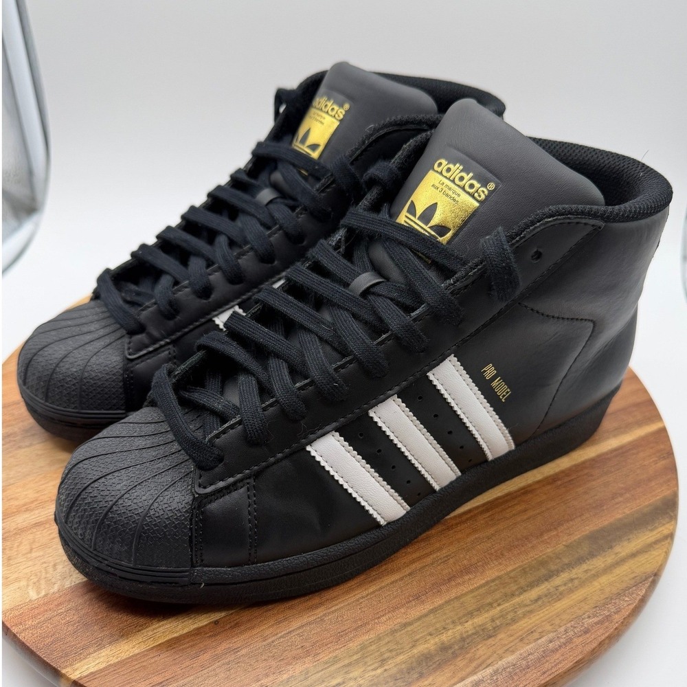 Adidas‎ Originals Women's Size 6 Pro Black White Gold Shell Toe Sneakers 0467